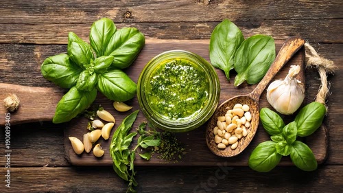 Fresh Basil Pesto Ingredients on Rustic Wooden Board