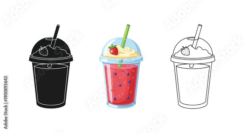 Strawberry smoothie cup icon set with straw in full color, silhouette, and outline styles
