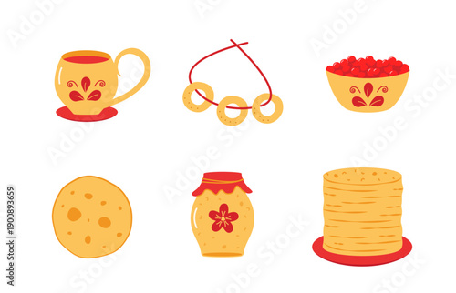 Traditional food for the Carnival holiday Maslenitsa or Shrovetide. Vector doodle illustration of pancakes, bagels, a cup of tea, red caviar and honey. White background