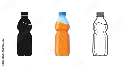 Soda or juice bottle icon set in black silhouette, color illustration, and outline styles