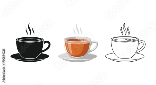 Hot beverage cup and saucer icon set in black silhouette, color illustration, and outline styles