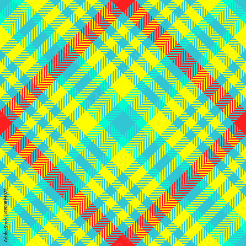 Vibrant diagonal plaid pattern bursts with energetic yellow, azure, and red hues. Perfect for dynamic backgrounds, summer fashion, lively digital content, and modern textile designs.