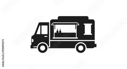 A simple black silhouette depicts a food truck showcasing a window and serving area for culinary offerings