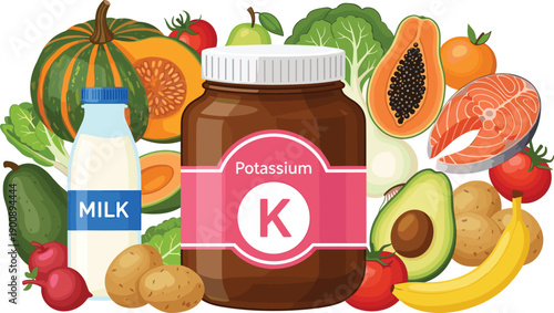Potassium supplement bottle illustration surrounded by healthy foods like banana, avocado, milk, salmon, and vegetables, nutrition concept for minerals, wellness, and diet.
