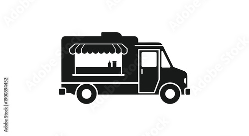 A simple black silhouette depicts a food truck showcasing its rectangular shape and serving window high quality professional