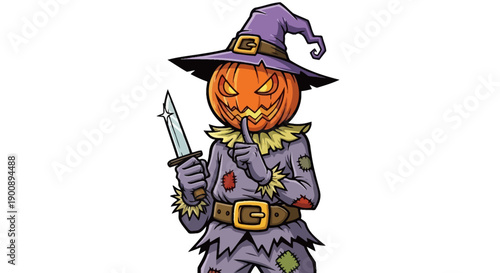 A spooky jack-o'-lantern scarecrow character holding a knife and wearing a witch hat, with a shushing gesture.