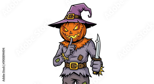 A spooky scarecrow with a jack-o'-lantern head holding a knife and gesturing for silence.