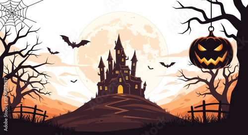 A spooky Halloween scene with a haunted castle on a hill under a full moon, surrounded by bare trees, bats, and a jack-o'-lantern.