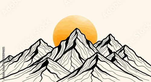Stylized illustration of a majestic mountain range with a large, warm sun rising behind the peaks.