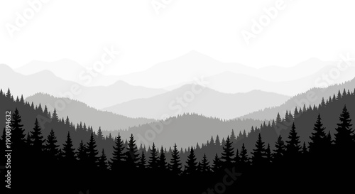 A serene and misty mountain range with a dense forest in the foreground, rendered in a minimalist grayscale style.