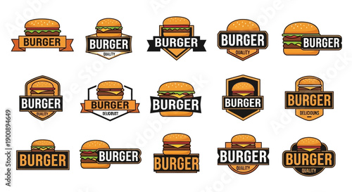 A collection of 15 different burger logo designs, each featuring a stylized burger illustration within a badge or banner.
