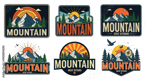 Collection of vintage mountain adventure logos with retro sunset and forest elements.
