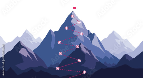 A winding path marked by red dots leads to the summit of a majestic mountain, crowned with a red flag.