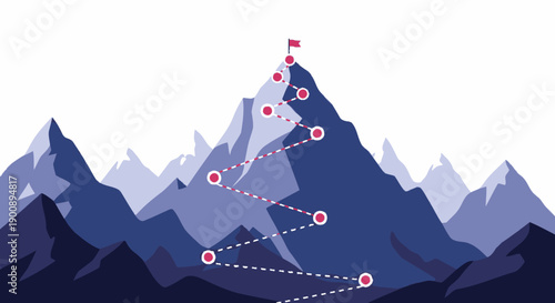 A winding path marked by red dots leads to the summit of a majestic mountain, topped with a flag.