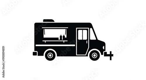 A simple black silhouette depicts a food truck showcasing its rectangular shape and serving window high quality professional