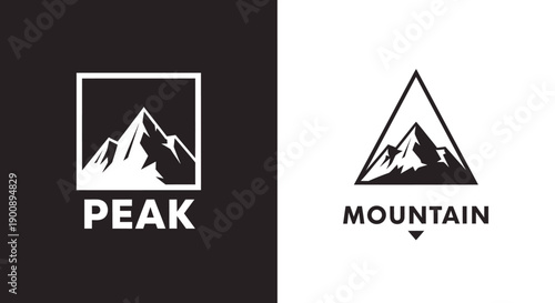 Two distinct mountain logos, one framed in a square and the other within a triangle, both featuring stylized peaks.