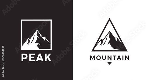 Two minimalist mountain logos, one framed in a square and the other within a triangle, both featuring stylized peaks.