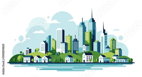 A vibrant cityscape illustration featuring a mix of modern skyscrapers and charming residential houses nestled on rolling green hills.