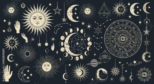 A celestial collection of suns, moons, stars, constellations, and astrological symbols on a dark background.