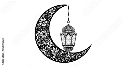 An ornate crescent moon adorned with intricate floral patterns, featuring a decorative lantern hanging from its tip.