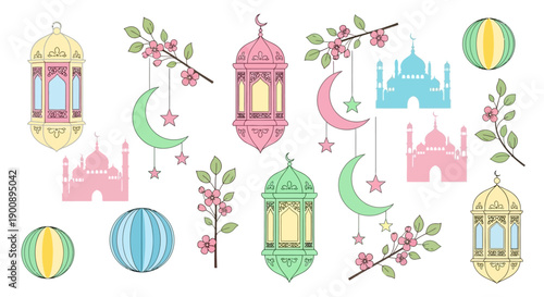 A collection of Islamic cultural elements including lanterns, mosques, moons, and floral branches in pastel colors.
