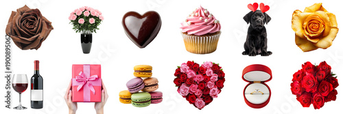 Large set collection of Valentine's Day items isolated on a transparent background PNG, template, mockup, and cutout: cupcake, wine, chocolate rose, rose bouquet, gift, dog, macaroon, heart, and ring