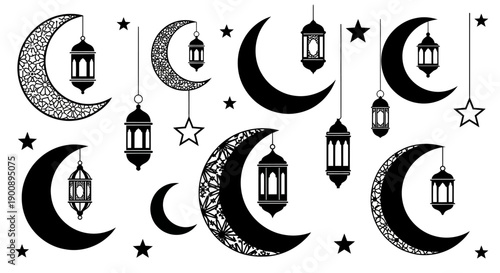 Collection of Islamic crescent moons and lanterns with stars, symbolizing Ramadan and Eid celebrations.