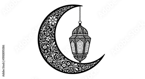 A black and white crescent moon with intricate floral patterns and a hanging traditional lantern, symbolizing Islamic culture and celebrations.