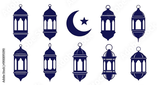 A collection of traditional Islamic lanterns and a crescent moon with star symbol, suitable for Ramadan and Eid celebrations.
