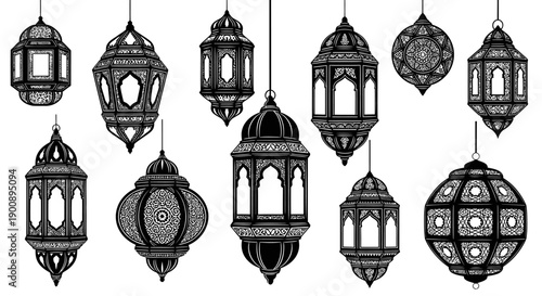 A collection of black and white ornate Islamic lanterns with intricate patterns, hanging.