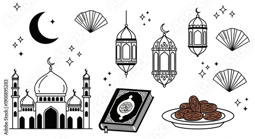 Black and white line art illustrations of Islamic religious and cultural symbols including a mosque, lanterns, crescent moon, and dates.