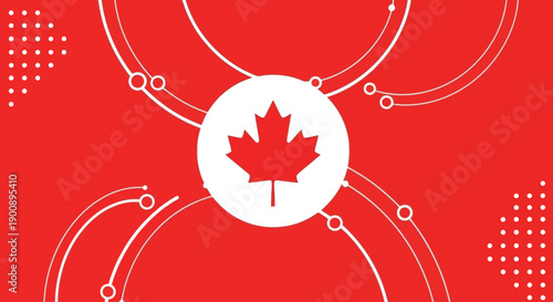 Abstract digital network design with a Canadian maple leaf symbol on a vibrant red background, representing connectivity and national identity.