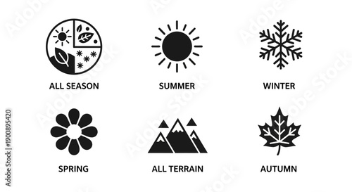 Collection of six monochrome icons symbolizing different seasons like summer, winter, spring, autumn, all season, and all terrain.