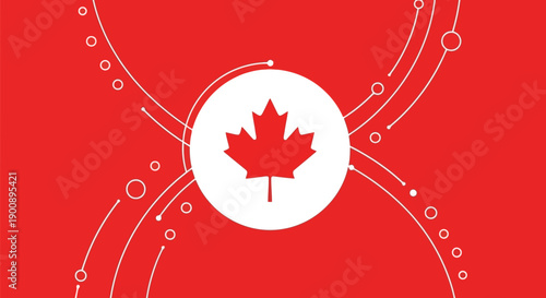 Abstract digital illustration featuring a prominent red maple leaf symbol on a vibrant red background with white circular and line graphics.