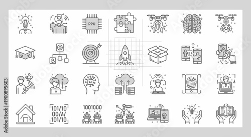 A collection of 36 minimalist line icons representing various concepts related to technology, business, and innovation.