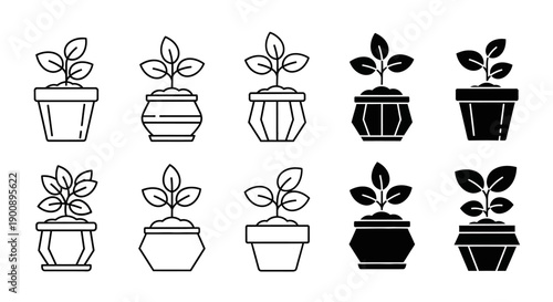 A set of ten potted plants in various styles, including outline and solid black designs, depicting small seedlings in different pots.