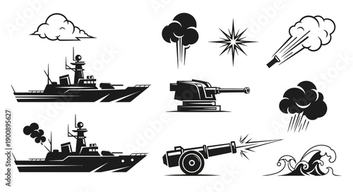 Monochrome vector set of naval ships, artillery, and combat effects like explosions, smoke, and waves.