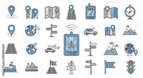 A collection of navigation and travel-related icons, including maps, GPS devices, vehicles, and landmarks.