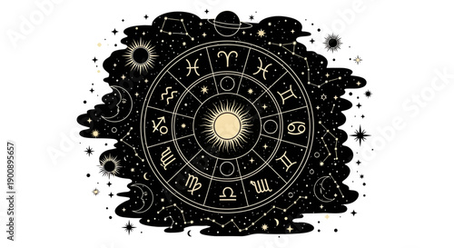 Intricate black and gold astrological zodiac wheel with sun, moon, stars, and constellations on a cosmic background.