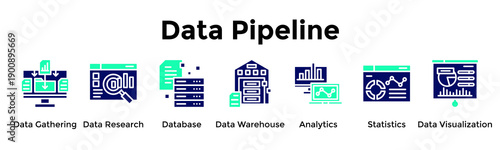 Data Pipeline Banner Web Icon Vector Illustration Concept For Data Gathering, Data Research, Database, Data Warehouse, Analytics, Statistics, Data Visualization