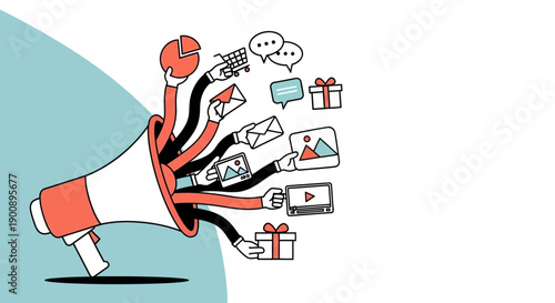A vibrant illustration depicting a megaphone with multiple arms holding diverse digital marketing and communication tools, symbolizing a comprehensive multi-channel strategy.