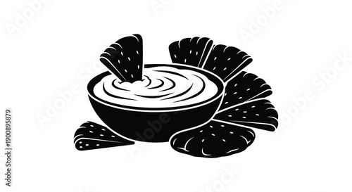 A simplistic black and white illustration depicts a round bowl of dip with tortilla chips surrounding and in it