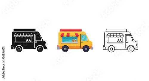 Food truck icon set in solid black silhouette, colorful flat illustration, and outline styles