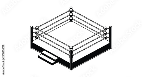 An isometric illustration depicts a professional wrestling ring with ropes corner posts and a visible entrance high quality