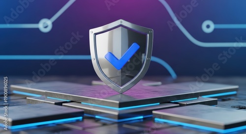 Cyber Security Shield Icon On Abstract Futuristic Technology Background With Neon Lighting