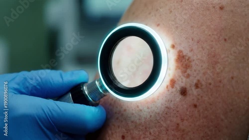 Dermatologist doctor examining a mole on patient skin with a dermatoscope close-up. Medical checkup for melanoma and skin cancer prevention. Healthcare and dermatology concept