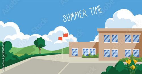 Summer school scene, school hall and blue sky with cumulus clouds