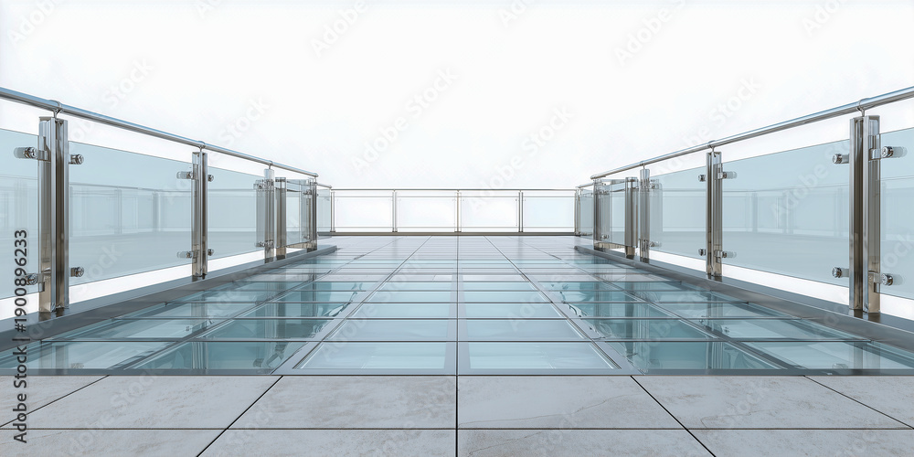 Fototapeta premium empty transparent glass terrace floor with frameless railings for sky high architecture concept isolated on white background top view