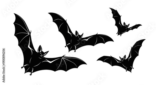 Five black bat silhouettes flying in various dynamic poses against a clean white background, depicting nocturnal creatures.