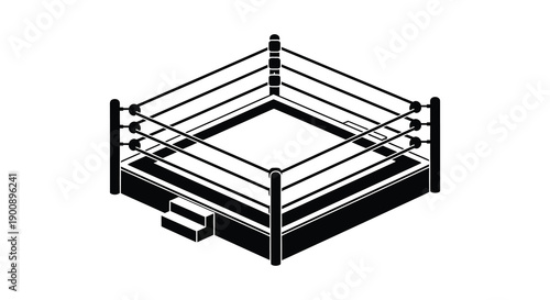 A stark black and white illustration depicts an empty wrestling ring showcasing its geometric structure and ropes high quality professional